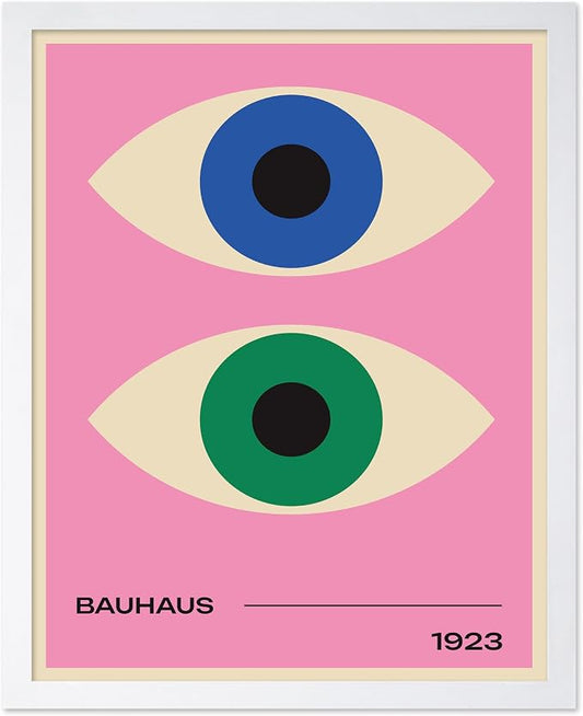 Poster Master Bauhaus Poster - Eyes Print - Abstract Circles ART - Graphic Design ART - Geometric Style - Chic Boho - Mid Century Modern - Living Room or Bedroom Decor - 8x10 White Framed