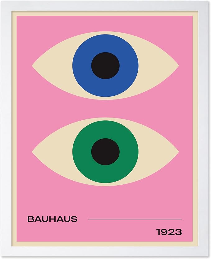 Poster Master Bauhaus Poster - Eyes Print - Abstract Circles ART - Graphic Design ART - Geometric Style - Chic Boho - Mid Century Modern - Living Room or Bedroom Decor - 16x20 White Framed
