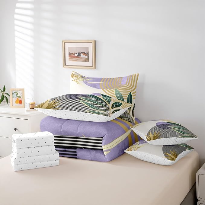 Erosebridal Mid Century Comforter Set King Abstract Bohemian Aesthetic 7 Pcs Bedding Sets,Minimalist Modern Boho Bed in a Bag Vintage Geometric Circle Line Quilt with Flat Fitted Sheet,Purple Gold