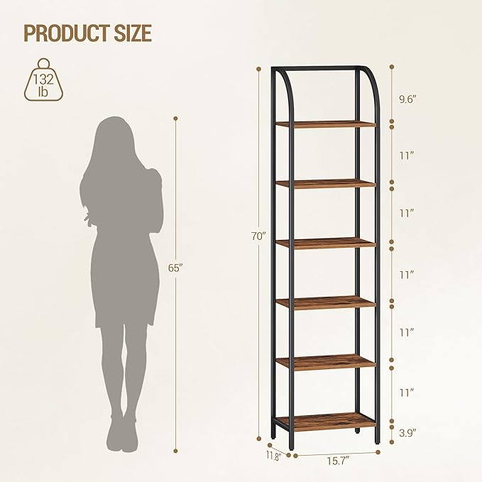 Hzuaneri Bookshelf Narrow Bookcase, Tall Storage Rack with Steel Frame, Display Standing Shelf Unit, Skinny Book Shelf for Study Living Room Home Office, Industrial Style, 6-Tier Rustic Brown BC56401B