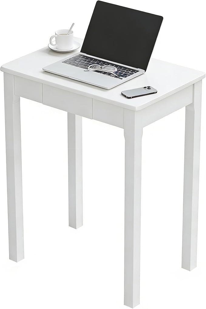 Solid Wood Desk with Drawers - 24 x 16 Inch Simple Narrow Desks, Rubber Wood Study Table, Small Writing Desk for Small Spaces|Bedroom - Modern White Desks