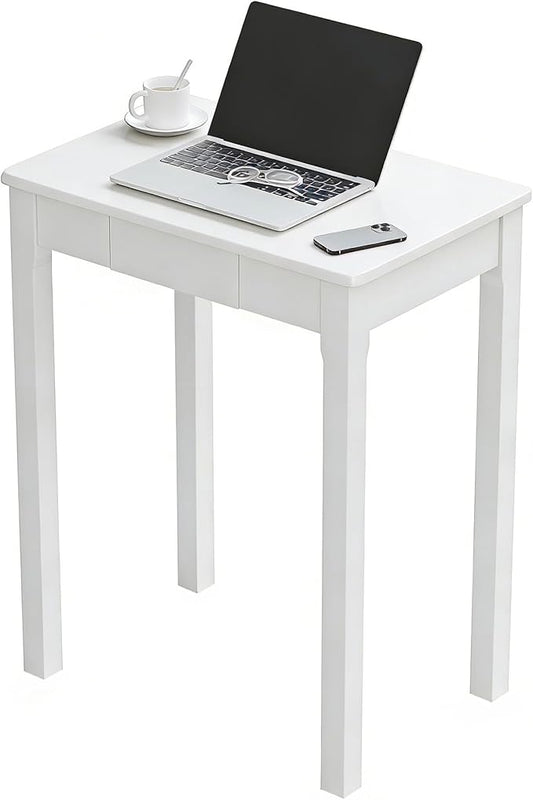 Solid Wood Desk with Drawers - 24 x 16 Inch Simple Narrow Desks, Rubber Wood Study Table, Small Writing Desk for Small Spaces|Bedroom - Modern White Desks