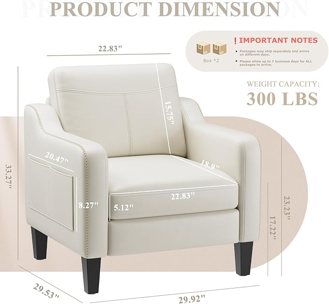 MALOL PU Leather Accent Chair, Mid-Century Modern Living Room Armchair Sofa with Removable Cushions, Solid Wood Frame & Stitched Armrest Design, Bedroom Chair with Plastic Legs, Beige