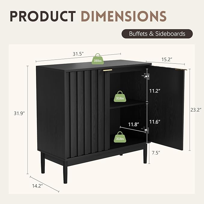 Fluted Cabinet with Storage, Buffet Cabinet Sideboard with Door, Kitchen Buffet Storage Accent Cabinets with Adjustable Shelves for Living Room, Entry, Hallway, Black