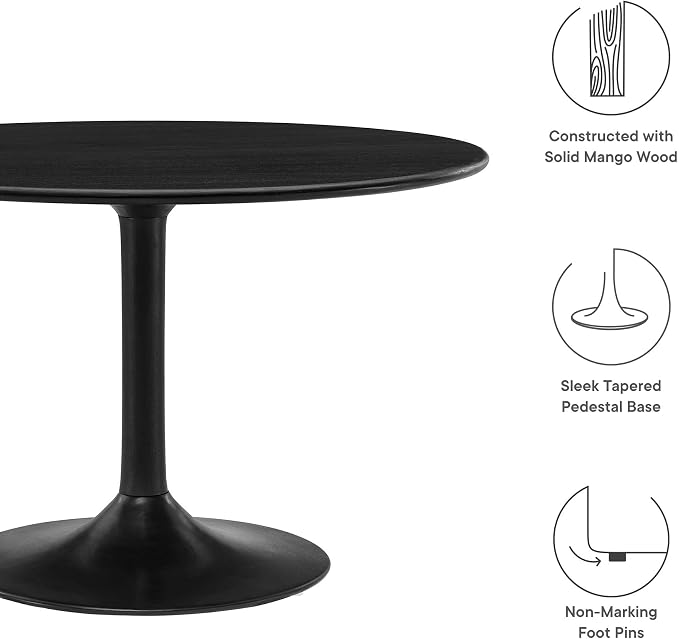 Modway Lippa 48 Inch Round Wood Dining Table in Black – Solid Mango Wood Tabletop with Pedestal Base - Mid Century Modern Dining Room Furniture - Kitchen Table for 4-6 Person