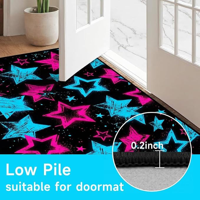 6'x9' Neon Star Area Rug Black Pink and Blue Floor Mat Abstract Star Print Rugs Washable Non-Slip Carpet for Bedroom Living Room Nursery Kitchen Playroom Home Decor
