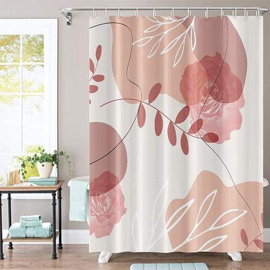 Pink Boho Shower Curtain 60Wx72H Blossom Floral Abstract Geometric Lines Shower Curtains Modern Minimalist Aesthetic Art Fabric Waterproof for Woman Girls Bathroom Decor 12 Plastic Hooks
