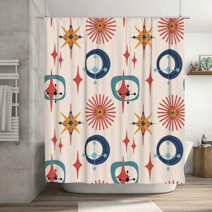 Retro 50s Shower Curtain Mid Century Modern Geometric Stars Colors Pattern Duty Fabric Shower Curtains Set Bathroom Polyester Waterproof with 12 Hooks, 66x72Inch（168x183cm）