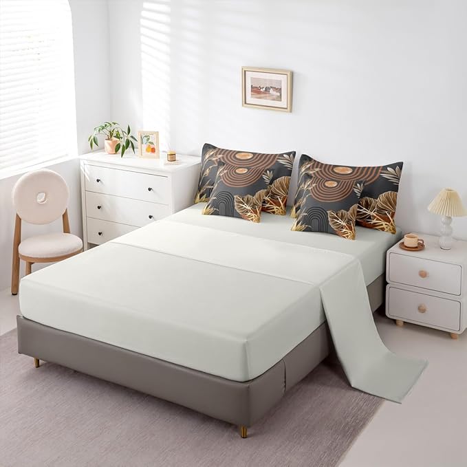 Erosebridal Boho Vintage Bed in A Bag 7 Pcs Mid Century Aesthetic Comforter Set for Kids Teens Retro Tropical Abstract Bedding Sets Queen Minimalist Simple Arch Sun Plant Sheet Set with Comforter