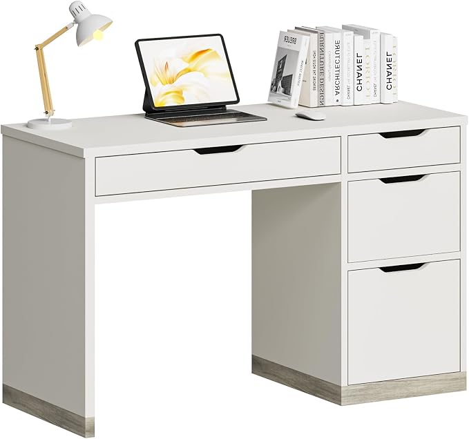 MaverickFurni White Desk with Drawers, 48 Inch Small Computer Desk with 4 Storage Drawers for Small Space, Home Office Desk for Bedroom with Storage File Drawer