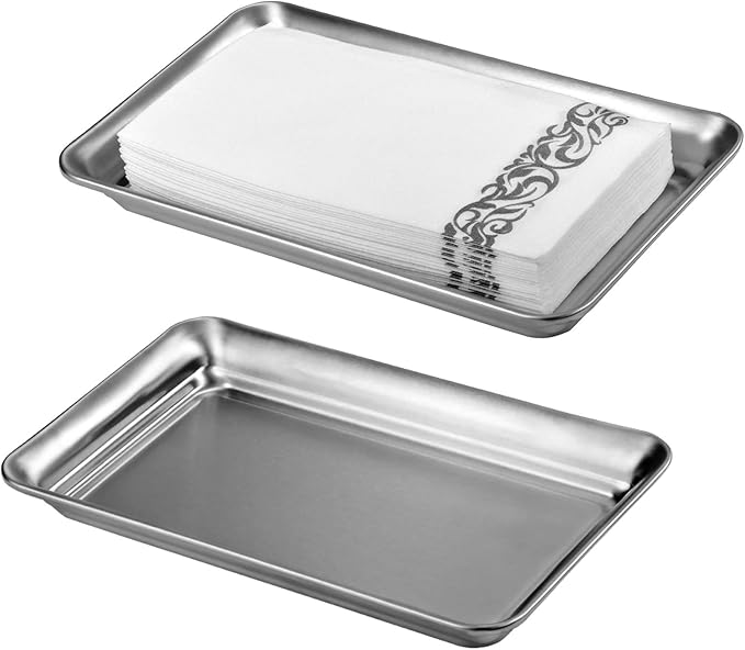 Vintage Farmhouse Decor Metal Vanity Tray, 2 Pack Countertop Guest Hand Towel Storage Organizer Tray Dispenser, Sturdy Holder for Perfume,Cosmetics, Jewelry, Makeup Bathroom Organizer -Stainless Steel