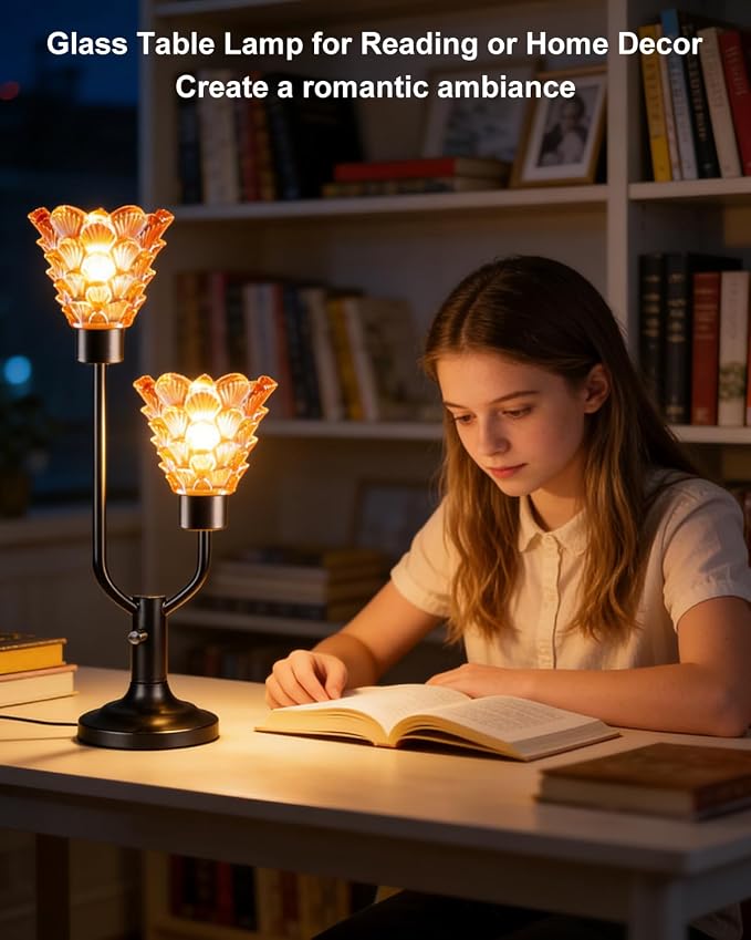 Lightdot Vintage Table Lamp for Living Room Dimmable Mid Century Modern Desk Lamp Amber Glass Black Nightstand Lamp 2 Bulbs Included Warmwhite Ambient Bedside Lamps for Bedroom Home Office Decor Gift