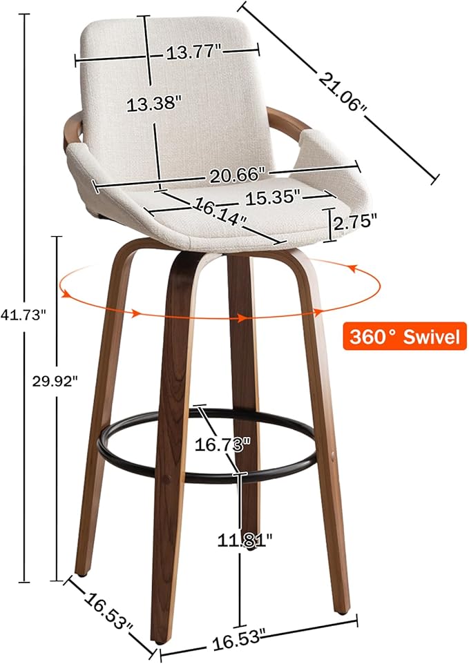 LUNLING 29.5" Bar Height Barstools Set of 2,Mid Century Modern Retro Bar Chairs Charcoal Beige Linen Look Fabric Upholstered and Walnut Wood Frame for Home Bar Furniture(Beige)