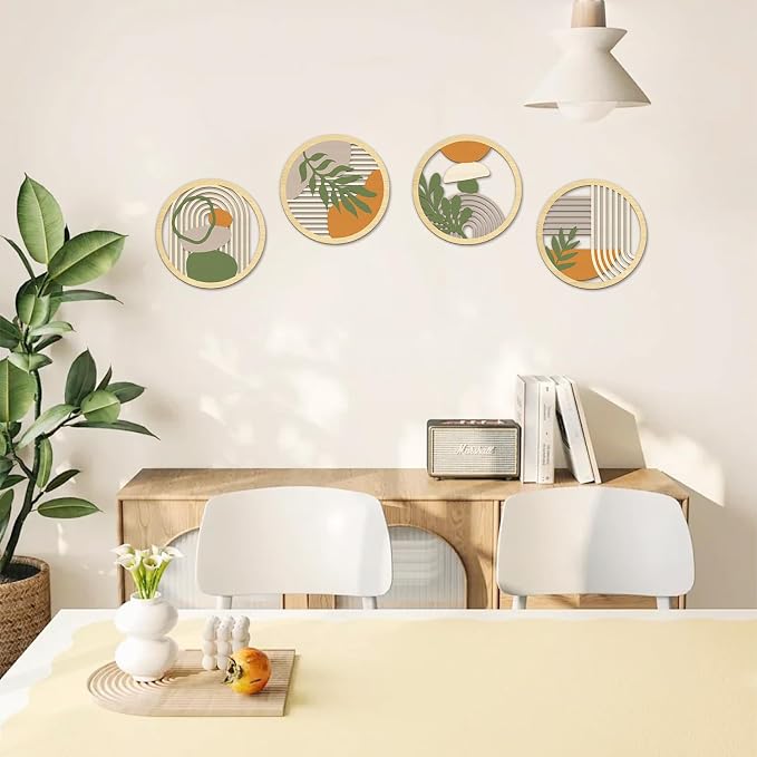 TOARTi 4Pieces Boho Botanical Wooden Wall Art,Abstract Bohemian Hanging Art,Farmhouse Geometric Neutral Round Wall Decor,Mid Century Minimalist Aesthetic Plant Artwork for Bedroom Living Room Office