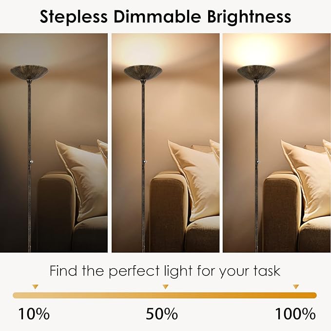 BoostArea Torchiere Floor Lamp Antique Bronze, 24W Super Bright LED Standing Lamp, 3000K Dimmable Pole Lamp with Rotary Switch, 70 Inch Tall Metal Modern Floor Lamps for Living Room/Bedroom/Office/Den
