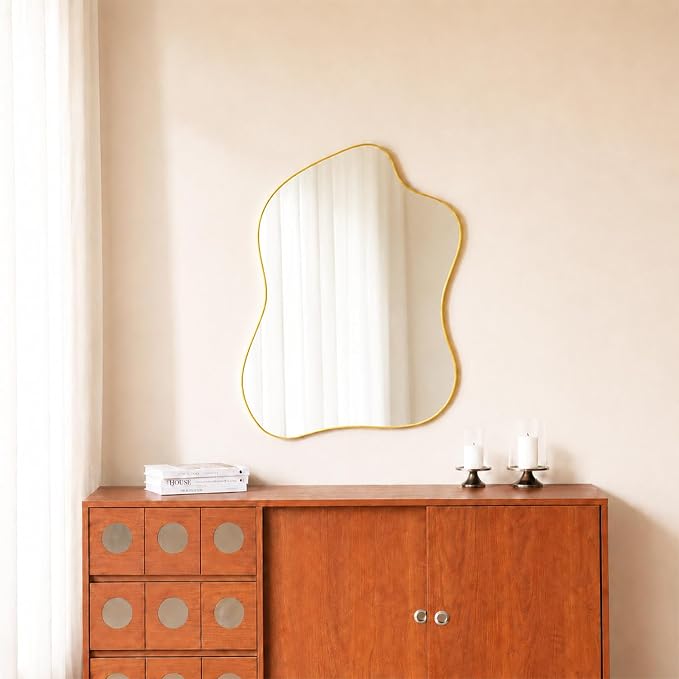 Irregular Wall Mirror Gold Wave Shaped Metal Framed Wall Mirror for Bathroom Bedroom Entryway Living Room Wall Decor 34" L x 25.5" W 2302Gold