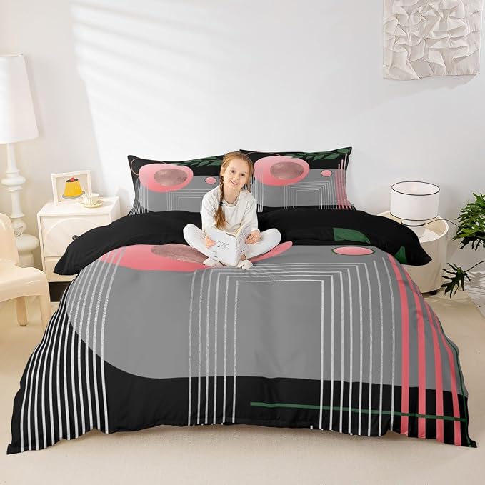 Erosebridal Boho Mid Century Duvet Cover King Size Pink and Gray Neutral Modern Comforter Cover Geometric Abstract Bedding Set Minimalist Aesthetic Bed Set
