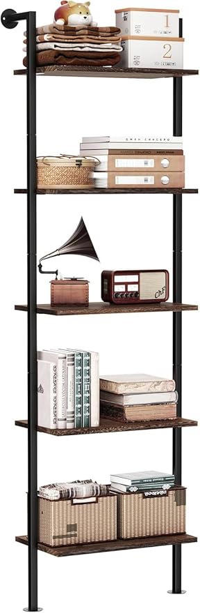 Acovy 5-Tier Bookshelf Solid Wood Ladder Shelf, Narrow Book Shelf Display Shelf, Wooden Bookcase, Wall Mount Ladder Shelf, Storage Rack for Living Room, Bedroom, Industrial Style, Dark Brown