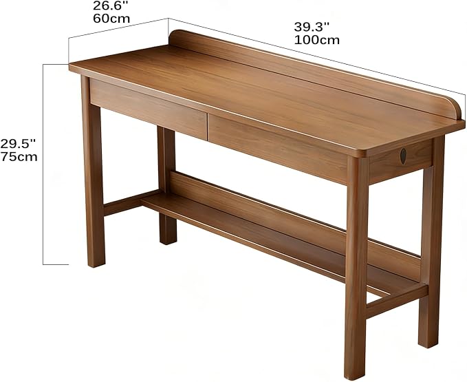 Solid Wood Desk with 2 Drawers, Vintage Narrow Computer Desk with Storage Shelf, Mid Century Modern Desk, Small Writing Desk for Bedroom(39.3" W, White)