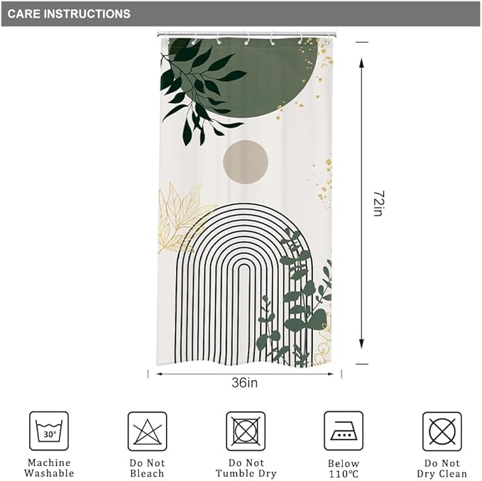 Riyidecor Small Stall Sage Green Boho Mid Century Shower Curtain for Bathroom Decor 36Wx72H Modern Abstract Gold Leaves Minimalist Geometric Art Printed Fabric Polyester Waterproof 7 Pack Plastic Hook