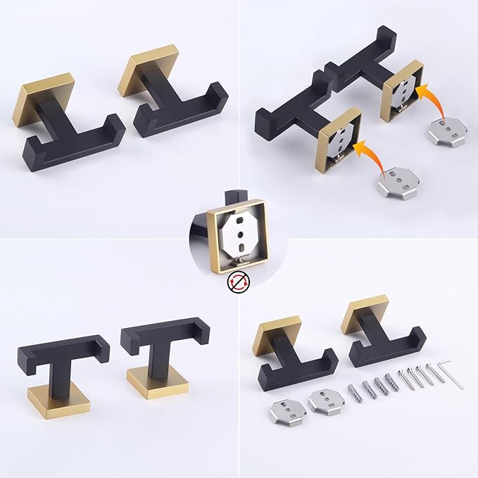 GERZWY Bathroom Hooks, Double Towel Robe/Coat Clothes Hook Stainless Steel Hanger Wall Hooks Heavy Duty for Bath Wall Mounted 2 Pack (Black & Gold) AG1417B-BD