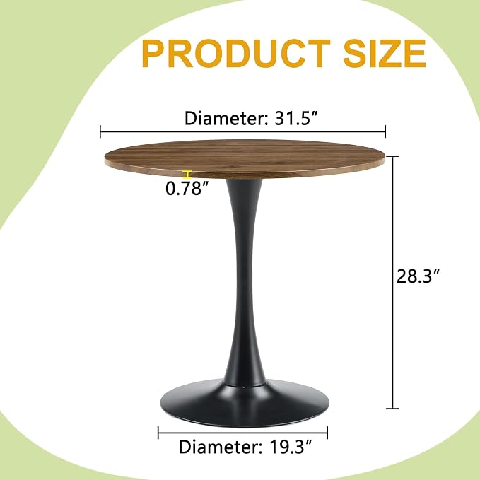 31.5 Inch Round Dining Table for 2-4 People with Walnut Tabletop,Mid-Century Walnut Tulip Kitchen Table, Pedestal Base Table for Small Space Kitchen Dining Room