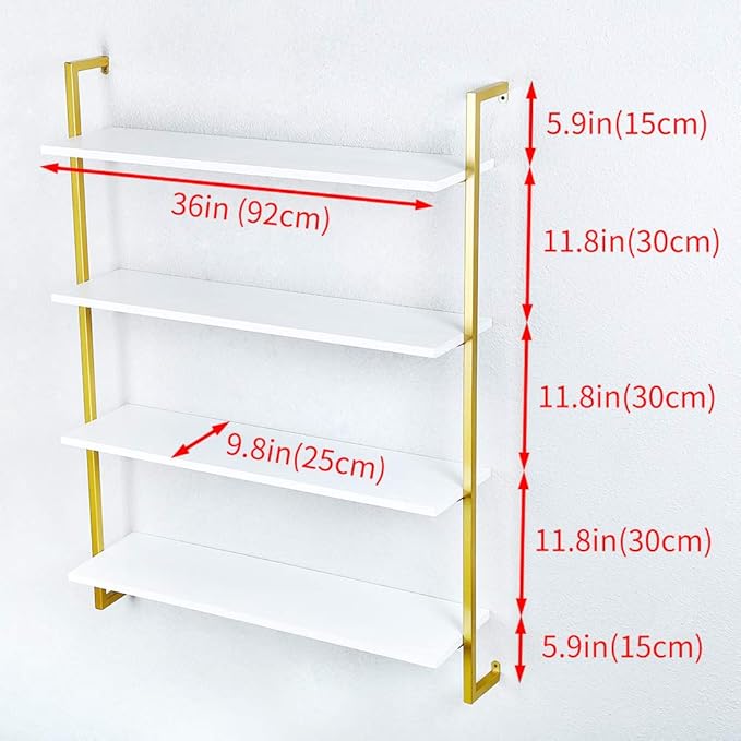 Industrial Metal Wall Shelf,Floating Wood Shelves Wall Mounted,36in Real Wood Book Shelves,4 Tier for Bedrooms Office