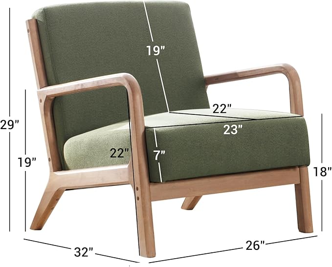 ANJ Mid Century Modern Accent Chair, Comfy Fabric Reading Chair with Solid Wood Frame, Easy Assembly Armchair for Living Room Blackish Green