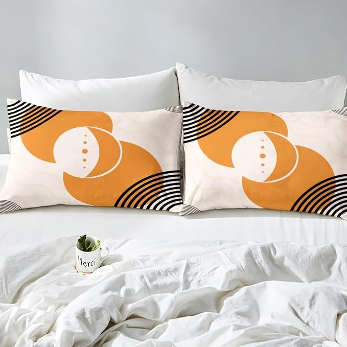 Erosebridal Orange Minimalist Bedding Sets Twin Mid Century Comforter Cover, Geometric Circle Bed Set Black Creamy White Aesthetic Duvet Cover, Modern Quilt Cover Microfiber 2 Pieces (Zipper Closure)