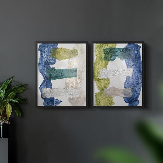 Renditions Gallery Set of 2 Peel & Stick Framed Prints, Elegant Abstract Wall Art, Dyed Cloth Texture Wall Decor, Re-Stickable - Ready to Hang - 16"x20" - Black Frame LT588