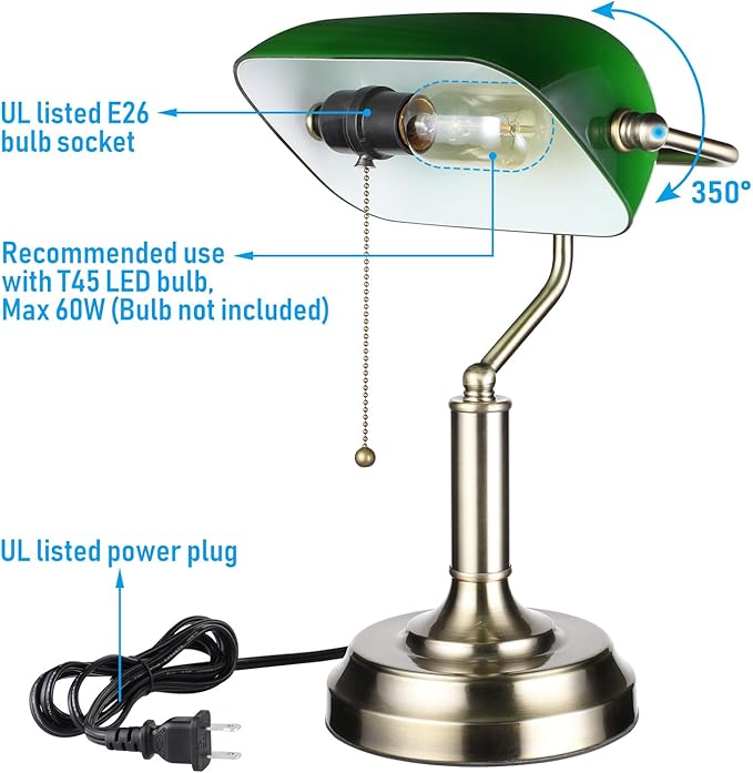 TORCHSTAR Green Glass Bankers Desk Lamp, Antique Desk Lamps with Brass Finish Base, Traditional Library Lamp with Pull Chain, E26 Base, Vintage Desk Lamp for Office, Study Room