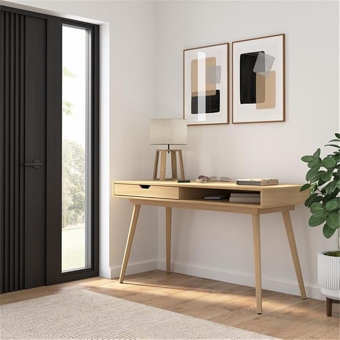 Bush Home Nora 54W Writing Desk with Storage in Natural Oak | Large Wooden Computer Table for Home Office, Study Room, or Entryway