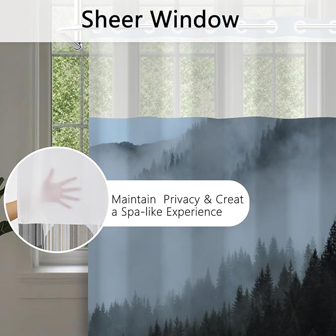 No Hook Forest Shower Curtain with Snap in Fabric Liner, Scenery Foggy Woodland Pattern, Blue Misty Forest Shower Curtains for Modern Bathroom, See Through Top Window, 71x74 Inch