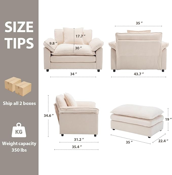 Oversized Chair with Ottoman, Comfy Chenille Accent Chair Large Upholstered Armchair with Extra Thick and Deep Seat Modern Lounge Chair for Living Room,Bedroom,Apartment