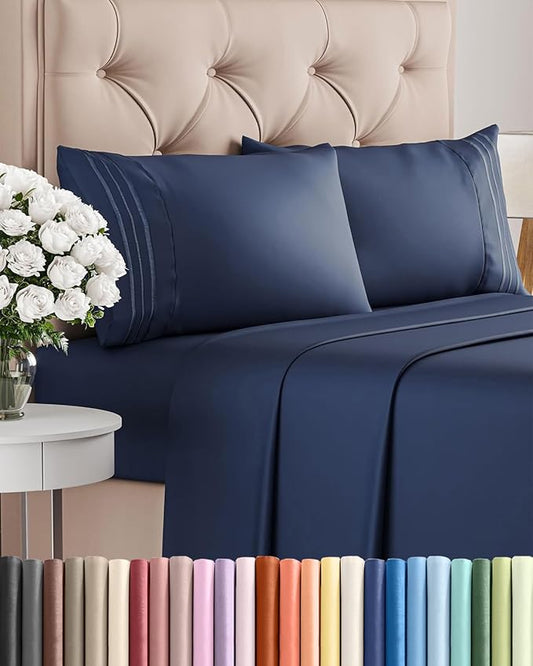 Cal King Size 4 Piece Sheet Set - Comfy Breathable & Cooling Sheets - Hotel Luxury Bed Sheets for Women & Men - Deep Pockets, Easy-Fit, Soft & Wrinkle Free Sheets - Navy Blue Oeko-Tex Bed Sheet Set