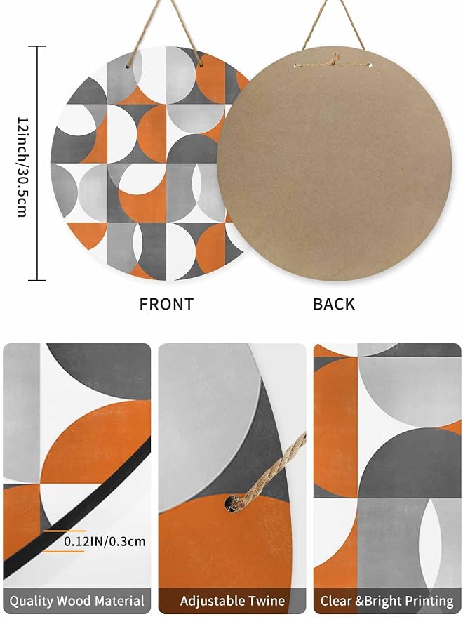 Welcome Sign for Front Door Mid Century Geometric Wood Door Hanger for Outdoor Outside Porch,12 Inch Round Wooden Wreath Indoor Wall Hanging Decoration, Abstract Modern Orange