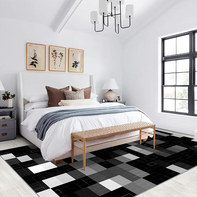 Modern Abstract Area Rugs, Black Gray White Geometry Carpet, Washable Non Slip Low Pile Soft Rug for Living Room Bedroom Decor Mat 5x6ft