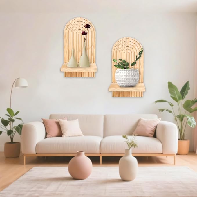 2 Pieces Boho Wall Shelf, Mid Century Shelves, Decorative Storage Unit, Decorative Bohemian Rainbow Hanging Shelves for Bathroom, Bedroom, Kitchen, Living Room, Laundry Room (Natural)
