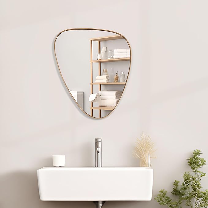 20" Metal Asymmetrical Mirror with Frame in Antique Brass Finish, Modern, Geometrical for Wall for Living Room, Bathroom, Bedroom (18"x20.5", Asymmetrical Triangular)