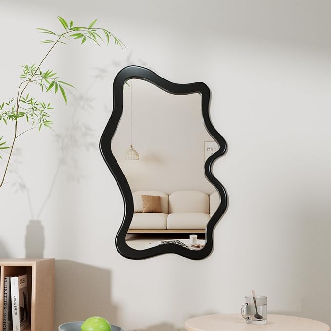 43"x 28" Irregular Wall Mirror, Black Wood Framed Wall Mirror, Asymmetrical Wall Wavy Mirror for Living Room Bedroom Entryway Bathroom Modern Decorative Mirror with Hanging Hooks