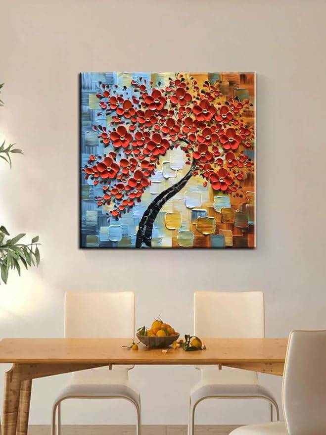YaSheng Art -Modern Abstract Painting 3D Red Flowers Oil Painting On Canvas Tree Paintings Home Interior Decor Wall Art for living room Bedroom Ready to hang 24x24inch