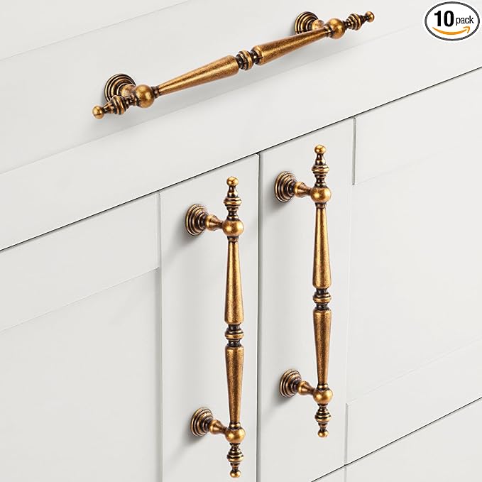 Shimeyao 10 Pack Antique Brass Cabinet Pulls 5"(128 mm) Hole Center Vintage Cabinet Pulls Handles Drawer Handles Closet for Kitchen Bathroom Drawer Dresser Pull Hardware Hole Center