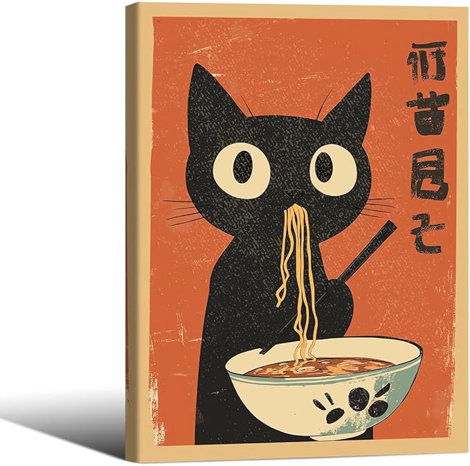 Funny Black Cat Eat Ramen Noodles Poster Vintage Japanese Kitchen Food Wall Art 08x10 inch Framed Whimsical Cute Animal Canvas Prints for Restaurant Wall Decor