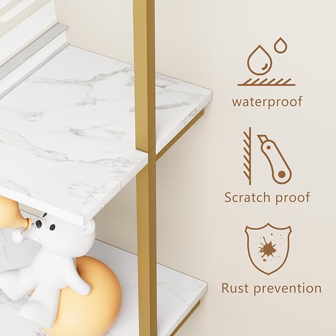 aboxoo Ladder Shelf White Marble Bookshelf 5-Tier Wall-Mounted Wood Rack Industrial Modern Plant Flower Stand Utility Organizer Open Bookcase Metal Frame Furniture Office Kitchen Bedroom