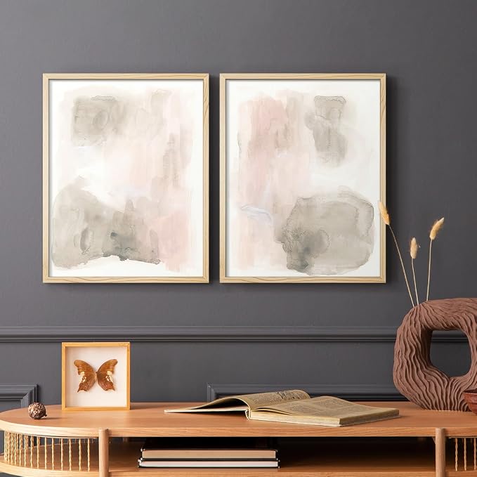 Renditions Gallery Set of 2 Peel & Stick Framed Prints, Watercolor Abstract Wall Art, Nude Color Neutral Aesthetic Wall Decor, Re-Stickable - Ready to Hang - 22"x28" - NATURAL WOOD Frame LT588
