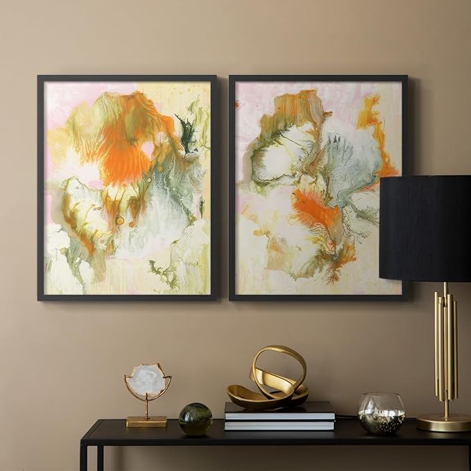 Renditions Gallery Set of 2 Peel & Stick Framed Prints, Modern Abstract Wall Art, Mix Color Oil Paint Design Wall Decor, Re-Stickable - Ready to Hang - 22"x28" - Black Frame LT588