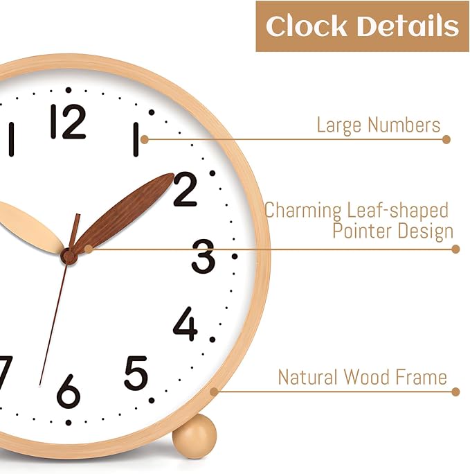 Maxspace Wooden Table Clock,8in Silent Non-Ticking Desk Clock,Battery Operated Desktop Analog Clock for Living Room Bedroom Kitchen Office Classroom Decor (Log - White)