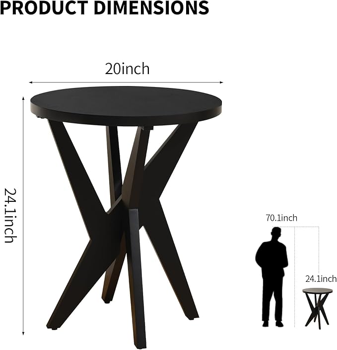 Modern Black Round End Table Set of 2, Mid-Century Accent Side Table with MDF Top and Crossed Legs for Living Room, Bedroom, Small Spaces, Industrial & Minimalist Style