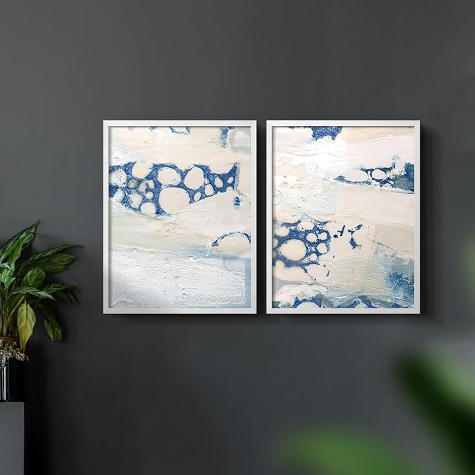 Renditions Gallery Set of 2 Peel & Stick Framed Prints, Textured Abstract Wall Art, Beach Themed Bubble Design Wall Decor, Re-Stickable - Ready to Hang - 8"x10" - White Frame LT588