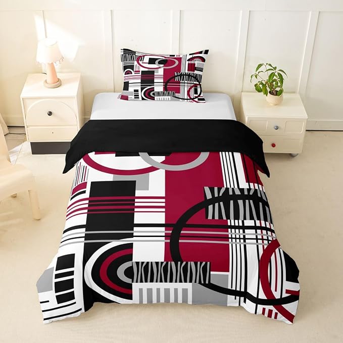 Erosebridal Art Deco Mid Century Duvet Cover Set Retro Modern Abstract Geometric Twin Bedding Sets for Girls Toddler Boys Black and White Burgundy Circles Stripes Comforter Cover Contemporary Bed Set